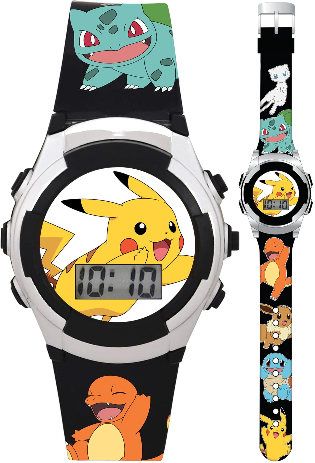 Pokémon Light-Up Watch for Kids – Pikachu & Friends Themed, Digital LCD Display, Flashing Dial, Printed Strap Design, Metallic Case, Adjustable Band with Metal Buckle