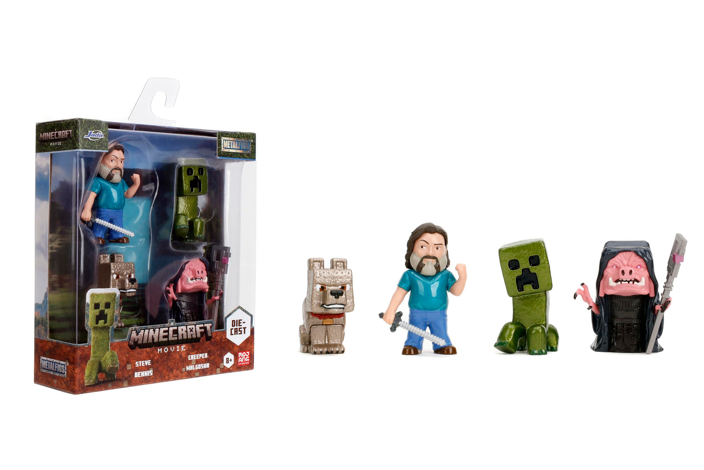 Jada Metalfigs 4-Pack – Minecraft Movie Die-Cast Figures – Steve, Wolf, Creeper, Malgohsa – 2.5-Inch Scale Collectible Set for Kids and Fans – Durable Metal Build