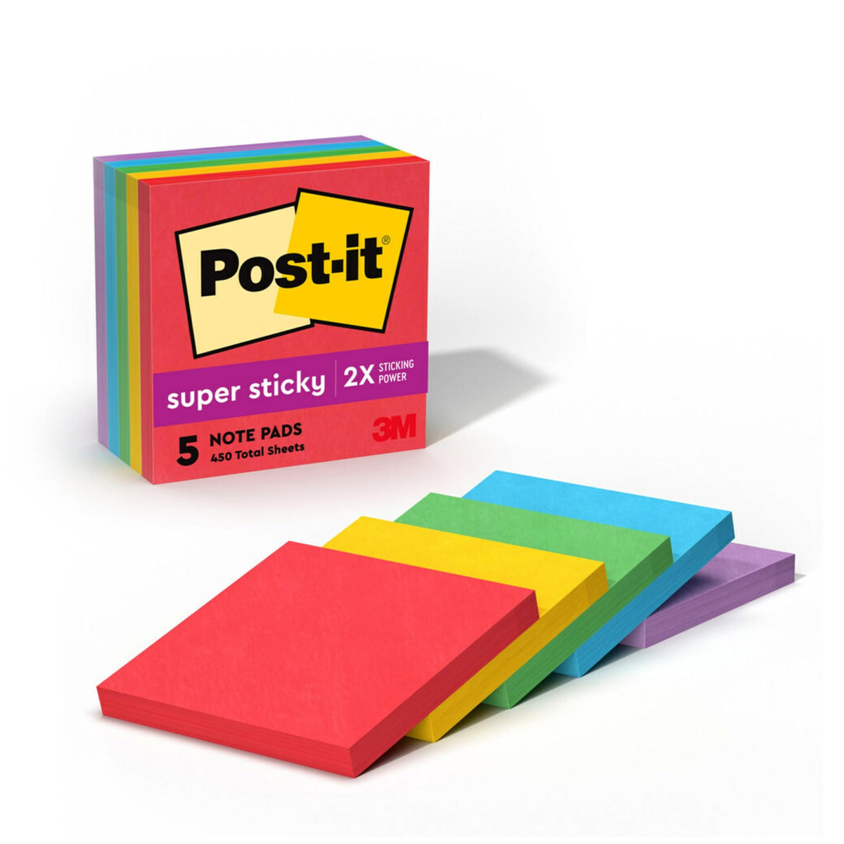 Post-it Super Sticky Notes, 5 Sticky Note Pads, 3 x 3 in., School Supplies and Office Products, Ideal for Textbooks, Notebooks, Walls and Vertical Surfaces, Playful Primaries Collection