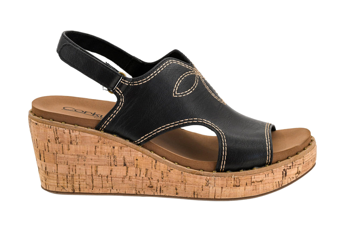Corkys Footwear Womens Darlin Wedge – Featuring a 2.5 Inch Heel, Cushioned EVA Insoles, Western Stitching and Cutouts on the Upper, and a Hook and Loop Closure - Black, Size 9
