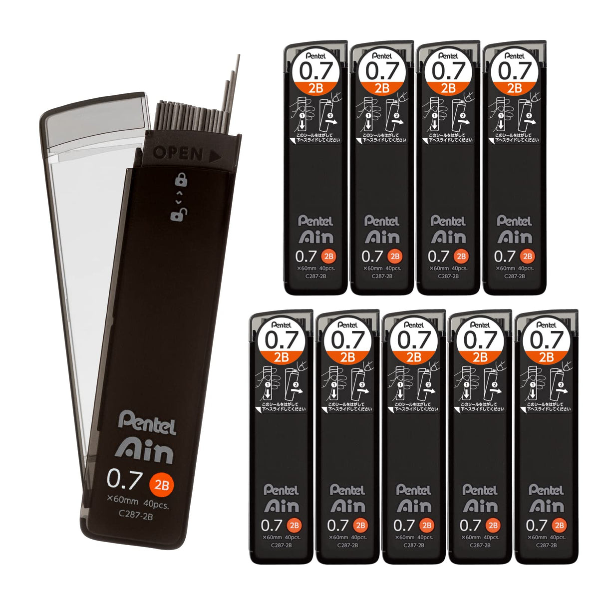 Pentel Ain C287-2B Mechanical Lead, 0.03 inches (0.7 mm), 2B, 10 Pieces