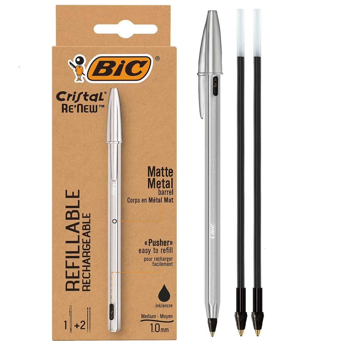 Big CRBLK-3P Crystal Re'New 1.0 Ballpoint Pen, Oil-based, Black + Box of 2 Refills
