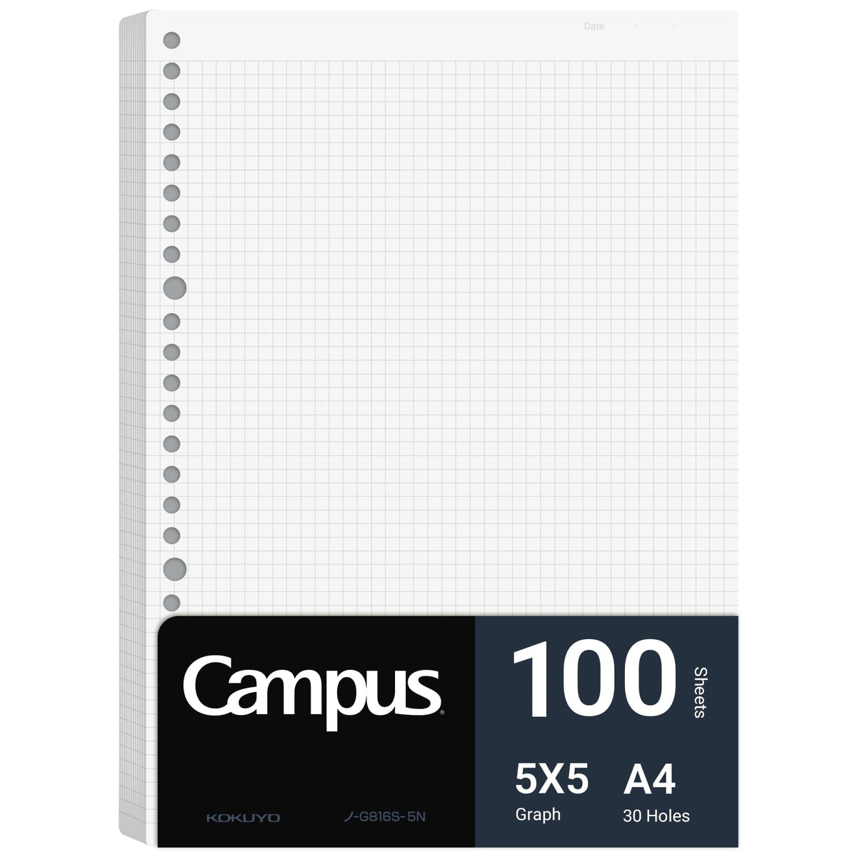 Kokuyo Campus Loose Leaf Paper for Binders, Business Type, Sarasara Smooth Writing, A4, 5mm Grid Ruled, 30 Holes, 100 Sheets, pH Neutral, Bleed Resistant (NO-G816S-5N)