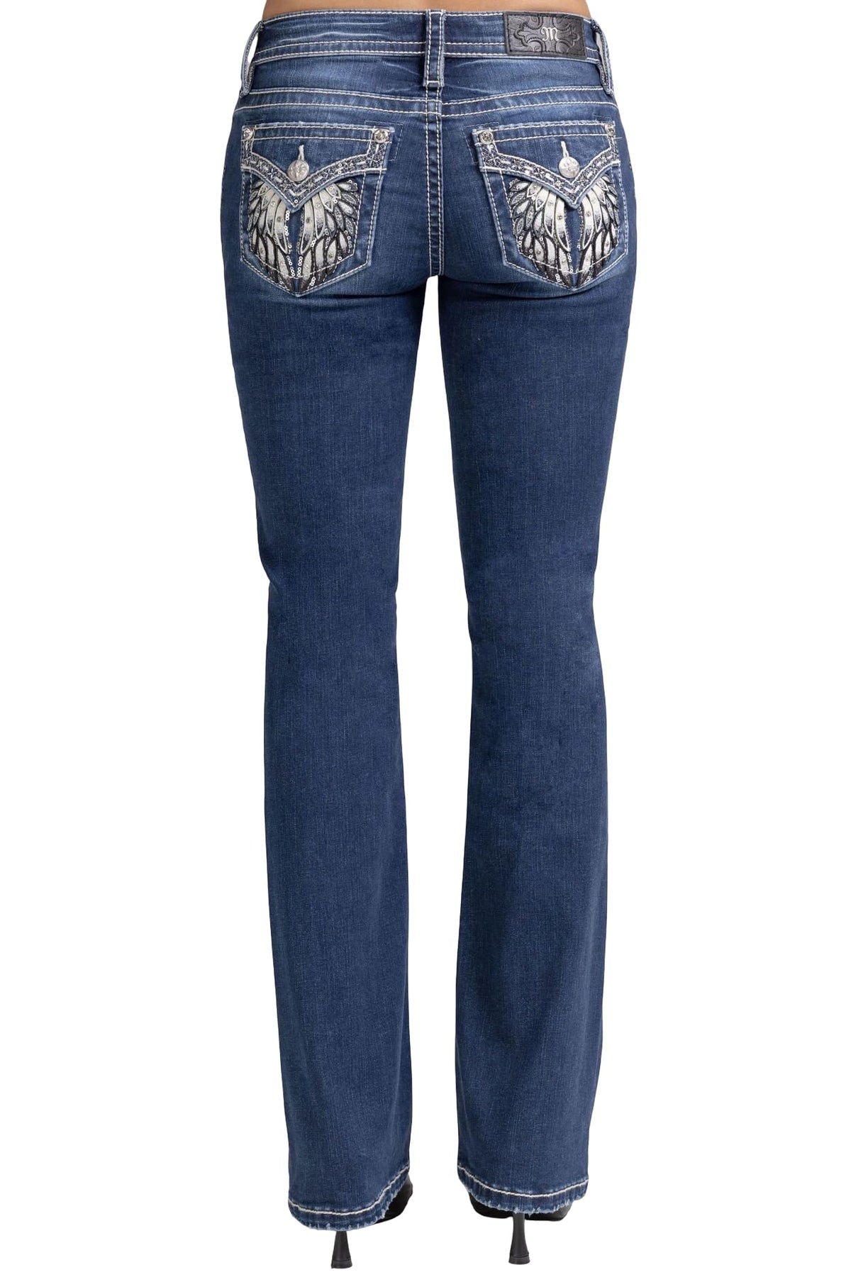 Miss Me Women's Downturned Wings Embellished Faux Flap Pockets Mid-Rise Bootcut Jeans (Dark Blue, 30W x 32L)