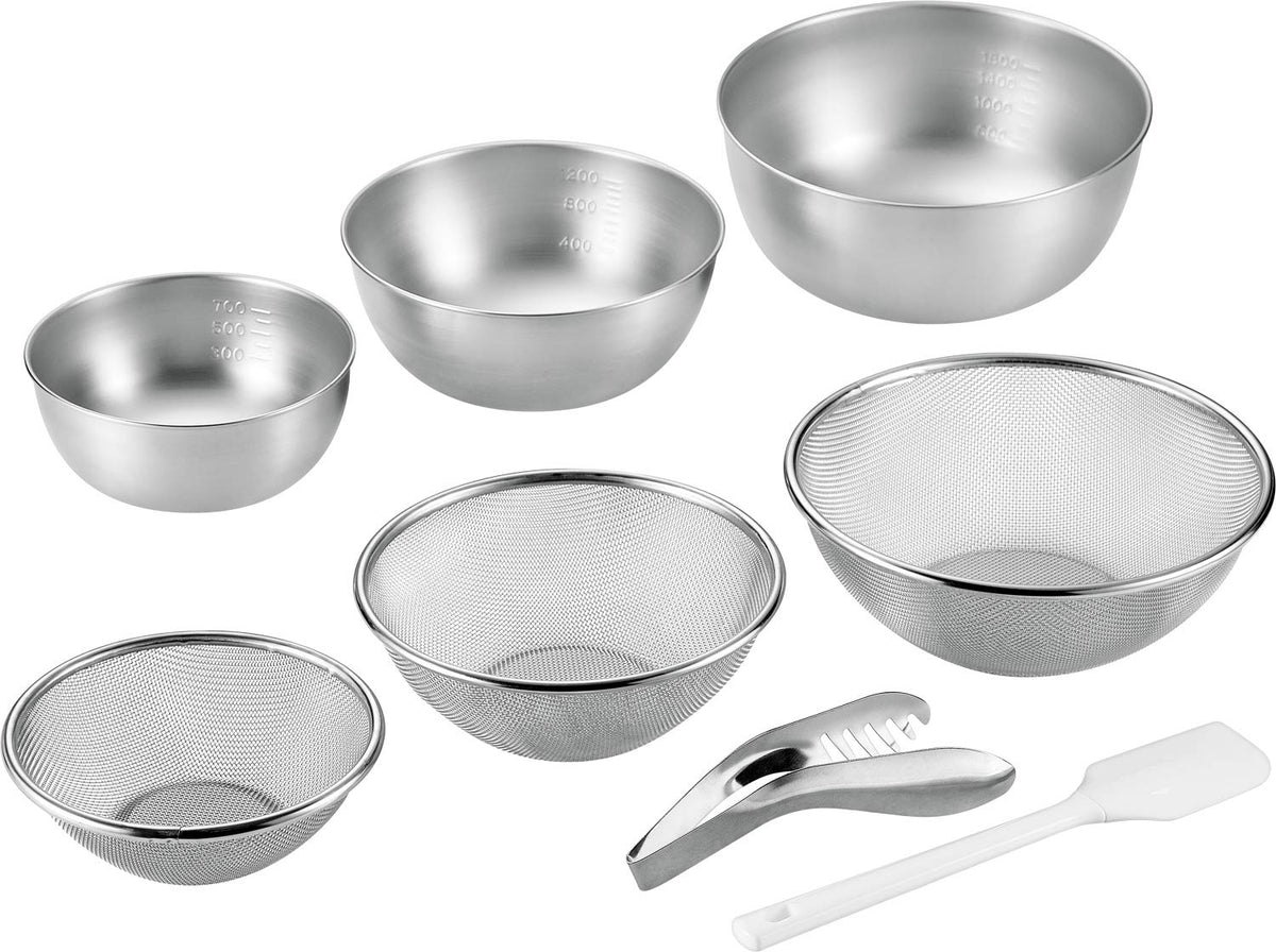 Yokoyama SUS-Z1500 SUS/ga Strong Mesh Colander, 6-Piece Set, Colander, 8.7, 7.5, 6.3 inches (22, 19, 16 cm), & Bowl, 5.9 inches (15 cm), 7.1 inches (18 cm), 8.3 inches (21 cm)