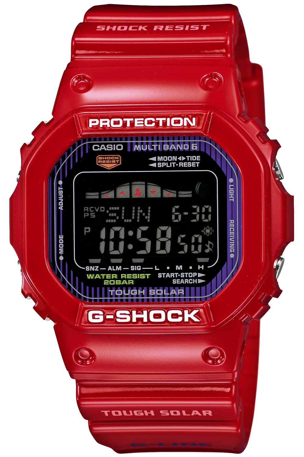 Casio G-Shock Tough Solar Red Plastic Resin Case and Bracelet Black Tone Digital Dial Tide Graph Moon Data