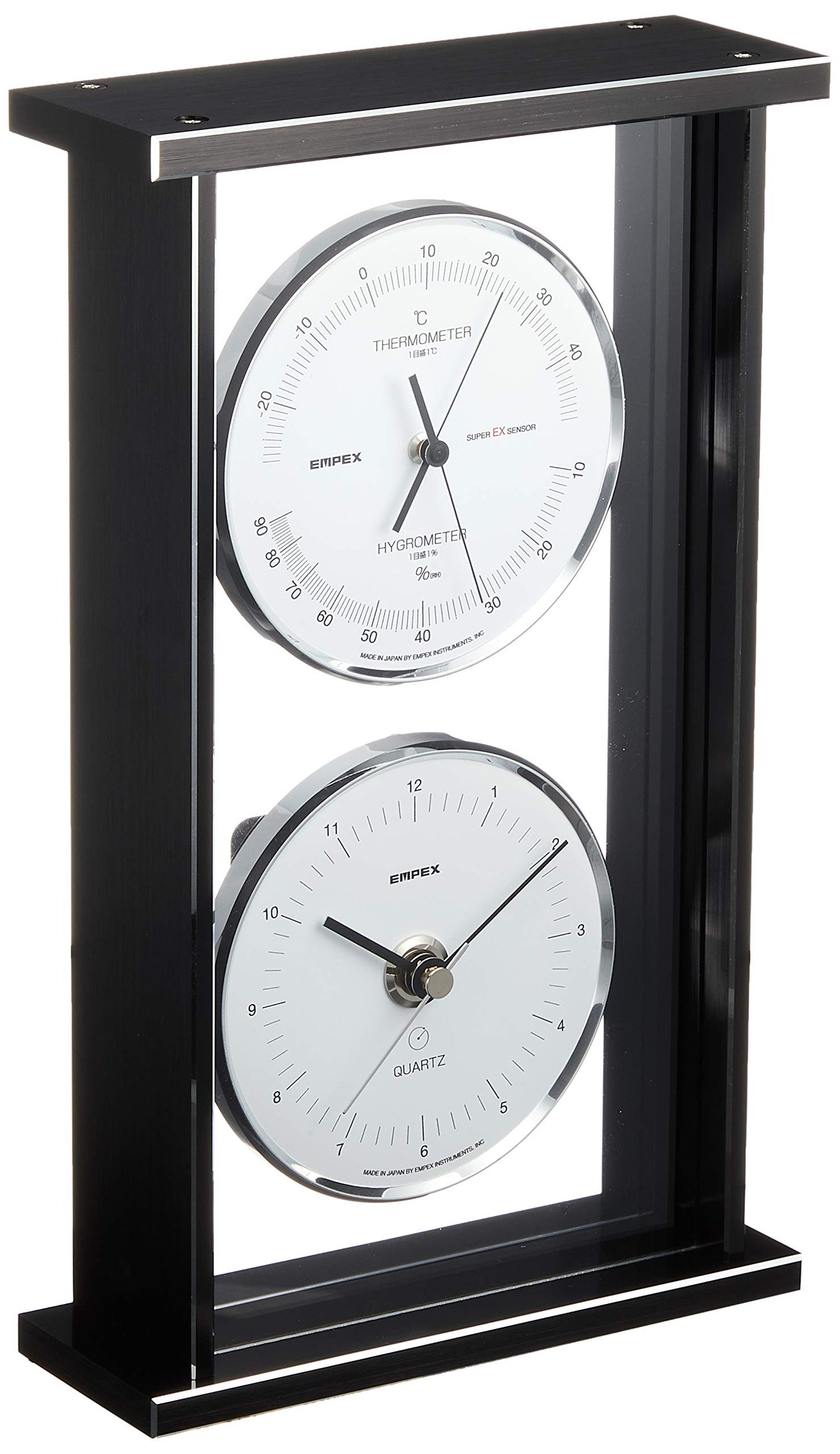 Empex EX-792 Meteorological Thermometer, Hygrometer, Super EX Gallery, Temperature & Humidity, Clock Display, Standing, Made in Japan, Black