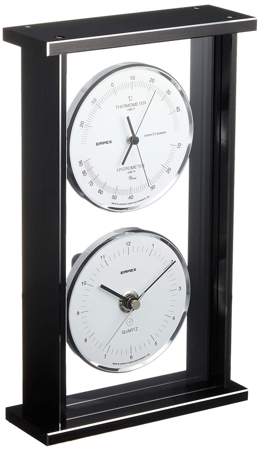 Empex EX-792 Meteorological Thermometer, Hygrometer, Super EX Gallery, Temperature & Humidity, Clock Display, Standing, Made in Japan, Black