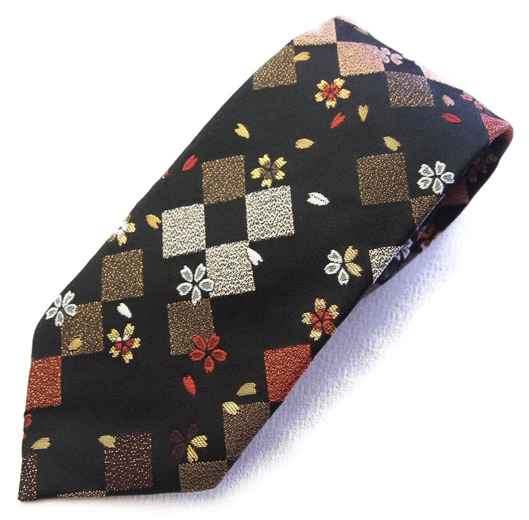 Four Seasons Hand Made Men's Japanese Kimono Pattern Luxury Brocade Neck Tie Bland (Bluck shikaku)