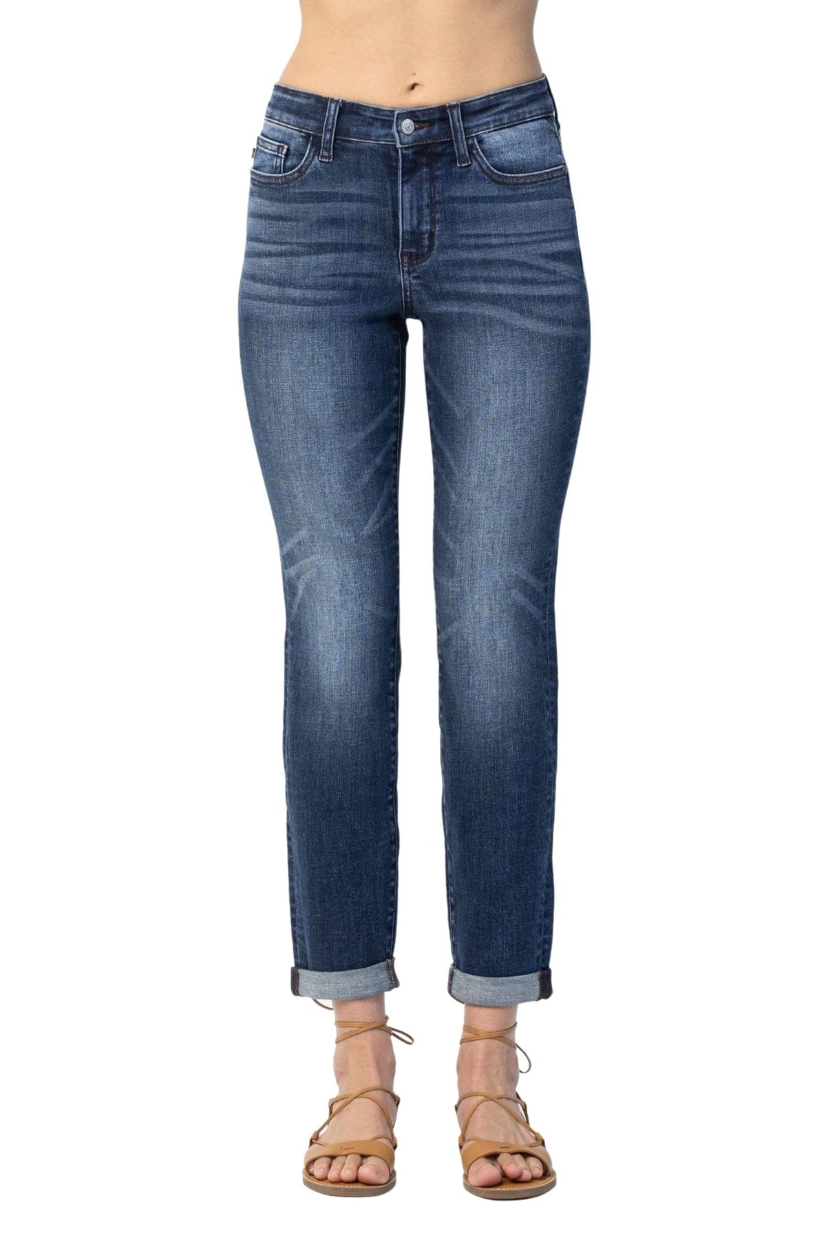 Judy Blue Women's Mid-Rise Basic Cuffed Slim Fit Jeans (Dark Blue, 11)