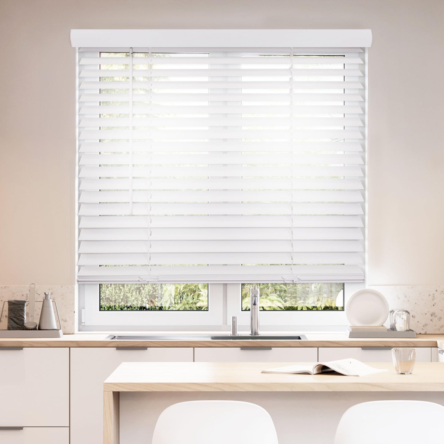 DEZ FURNISHINGS Cordless 2" Smooth Faux Wood Blind, 32" W x 64" H, Smooth White