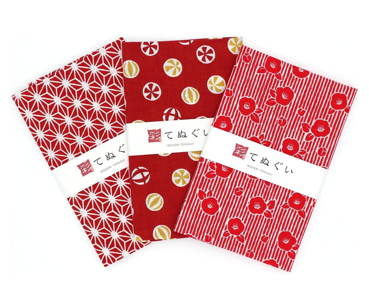 KOMESICHI irodori Japanese Traditional Towel Tenugui Red Pattern with Fray Prevention Processing Set of 3 with Tenugui Iroha (English Manual), 12.99 x 34.64 in