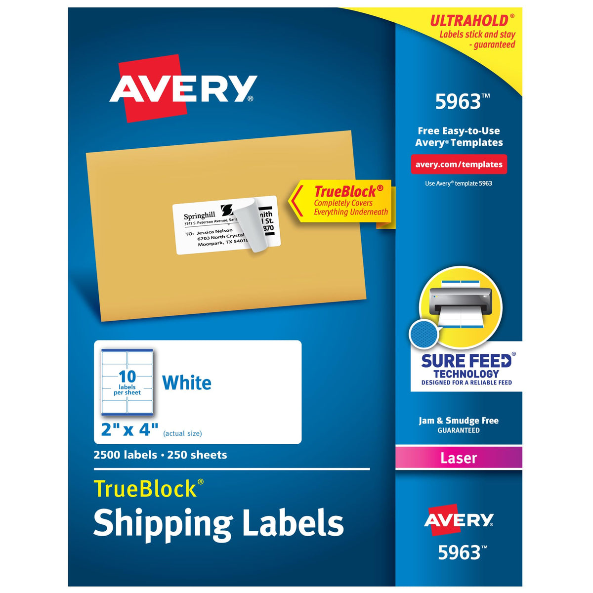 Avery® Printable Shipping Labels, Sure Feed® Technology, 2" x 4" Customizable Stickers, White, 2,500 Blank Mailing Labels, Great for Mailing, Shipping, and More (5963)