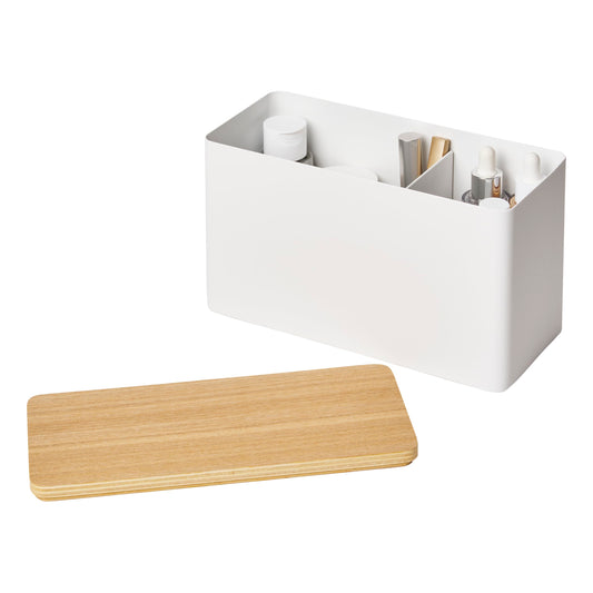 YAMAZAKI Home Rin Countertop Organizer Bathroom Kitchen Counter Organizer Metal Toiletries Holder - Steel + Wood