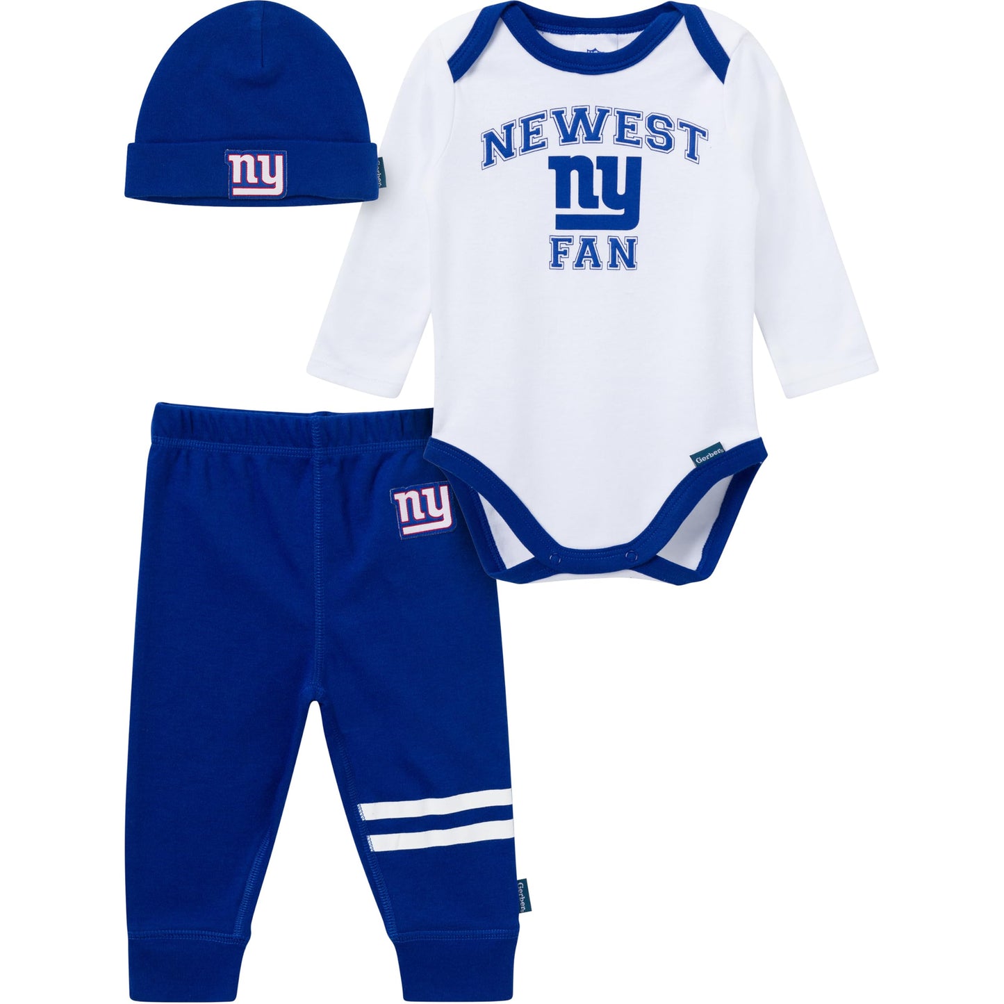 Gerber NFL Team Baby Boys' 3-Piece Onesie Bodysuit, Active Pant and Cap Set, Giants, 0-3 Months