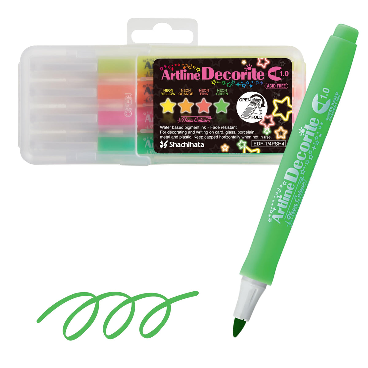 Artline Shachihata EDF-1/4PSH4 Deco Light, Neon Color, Round, 0.04 inches (1.0 mm), Set of 4 Colors