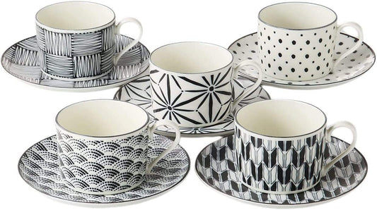 Ale-net Coffee Cups, Set of 5, φ3.3 x H2.4 inches (8.5 x 6 cm), 8.8 fl oz (250 cc), Komon Coffee Bowl Plate, Porcelain, Mino Ware, Made in Japan