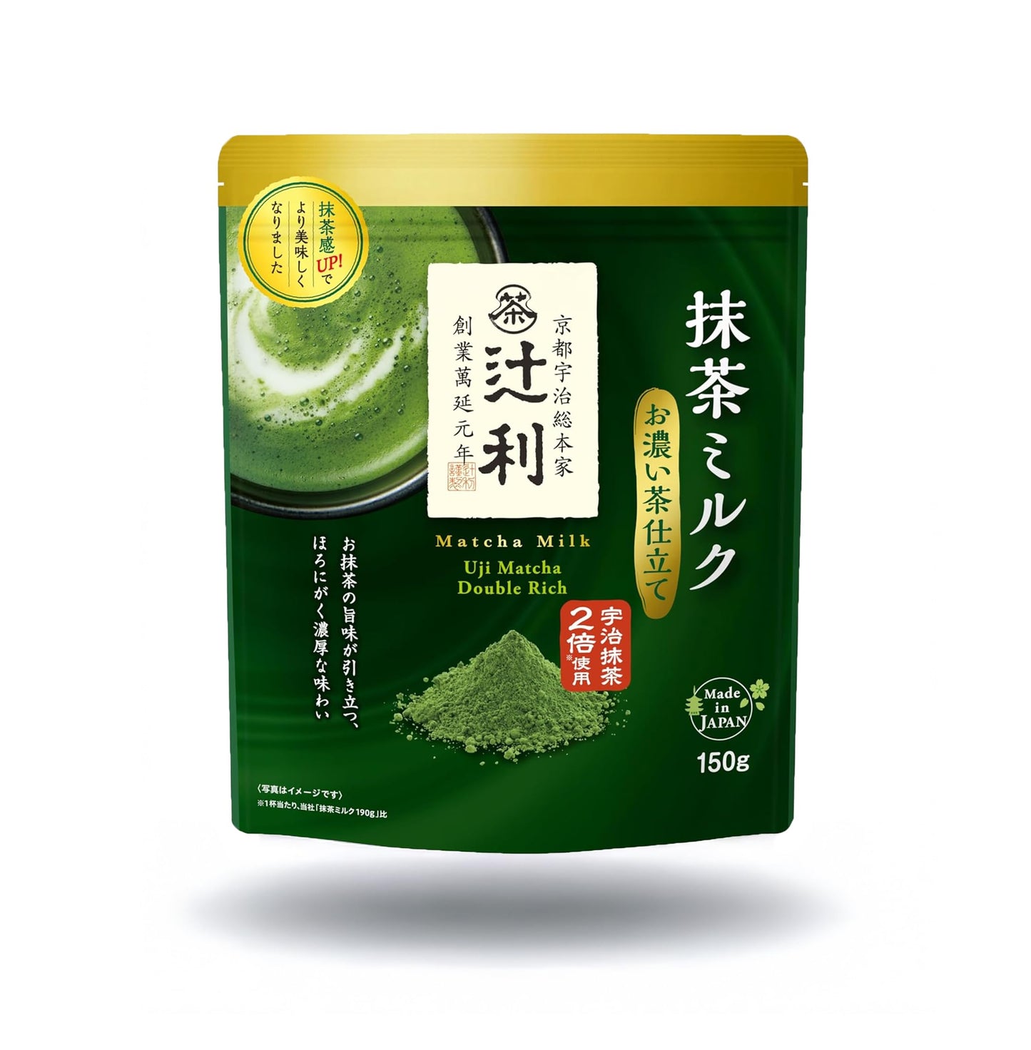 Matcha Milk Uji Double Rich Latte by Tsujiri, 150g Resealable Bag Made in Kyoto Japan