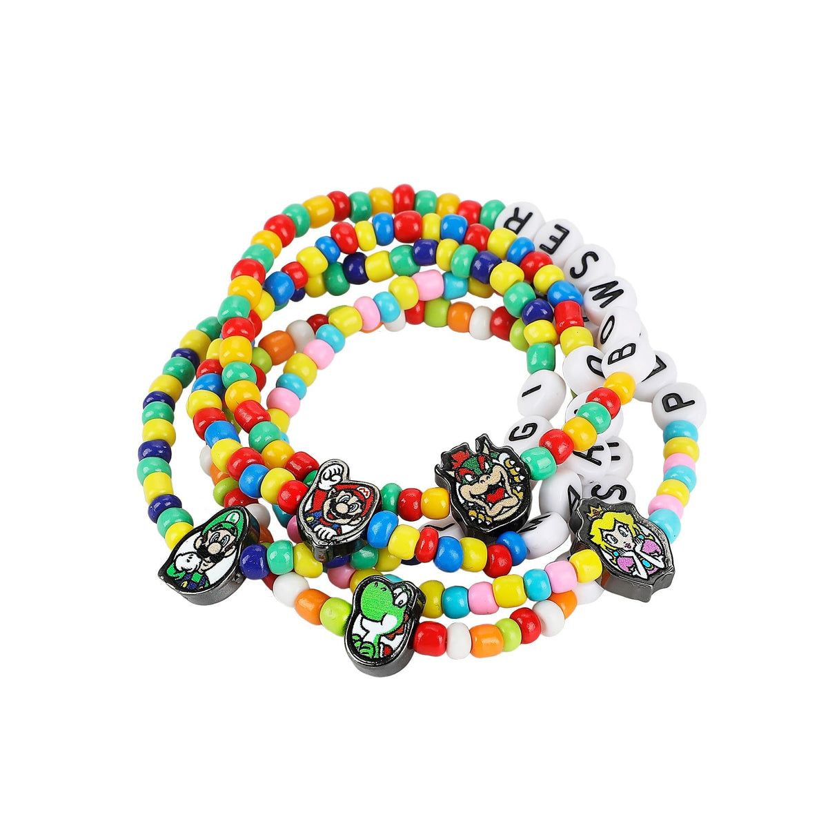 Bioworld Super Mario Tradesies Pack Multi Character Women's Beaded Letters and Charm Bracelet Set