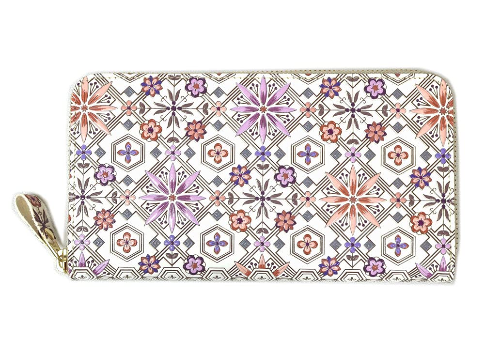 [浅草 Bunko Leather] 友禅染 Long Wallet 花菱 Hannah bisi Pattern 江戸, Wallet Purse Round Zipper raundozippu - -