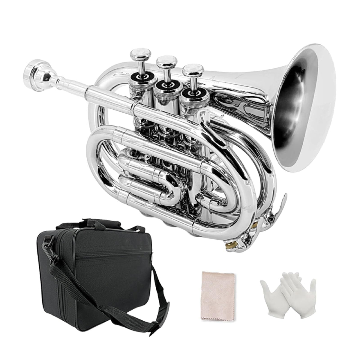 YoungMonic Pocket Trumpet Brass Bb Standard for beginner, student with 7C Mouthpiece, Carrying Hard Case, Cleaning Cloth and Gloves