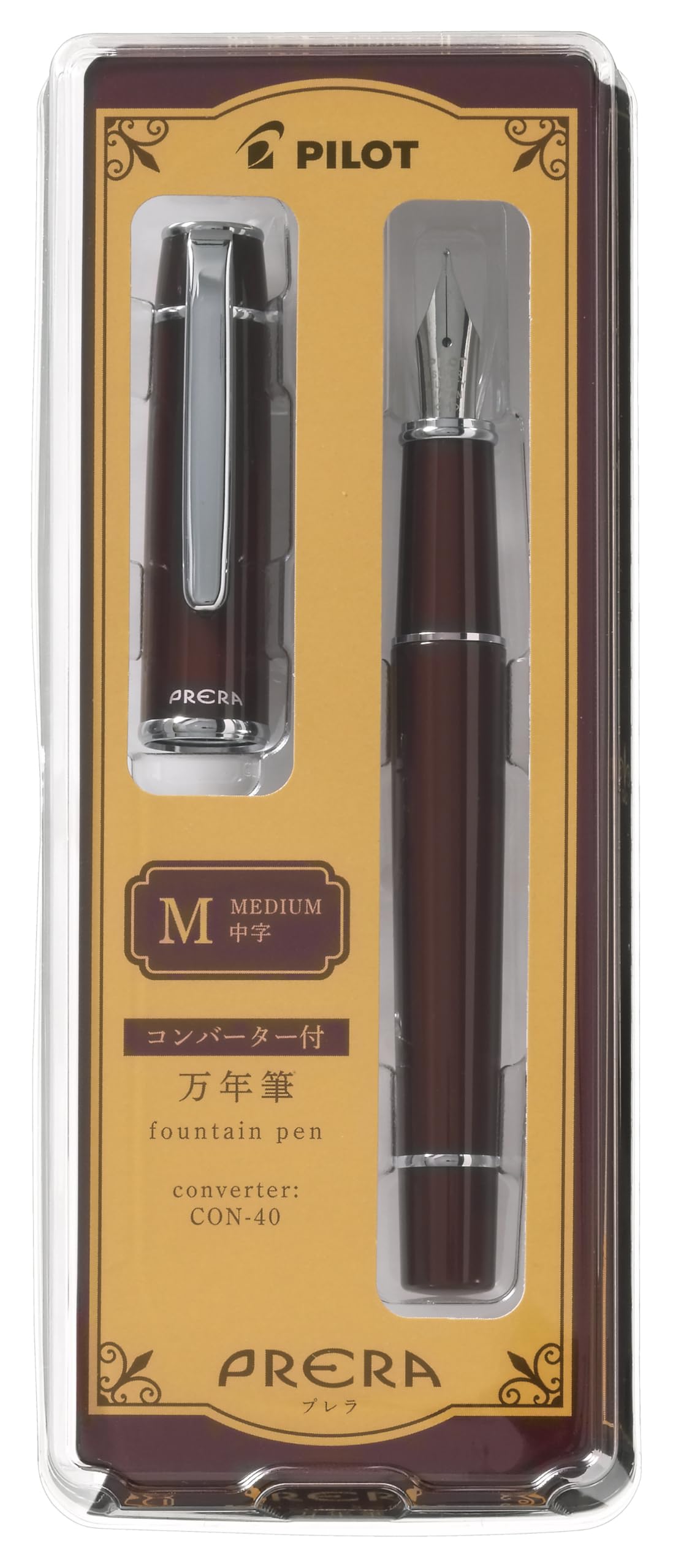 PILOT Prera Fountain Pen, Medium Nib, Red Brown (P-FPR-1-RBN-M), Includes CON-40 Converter