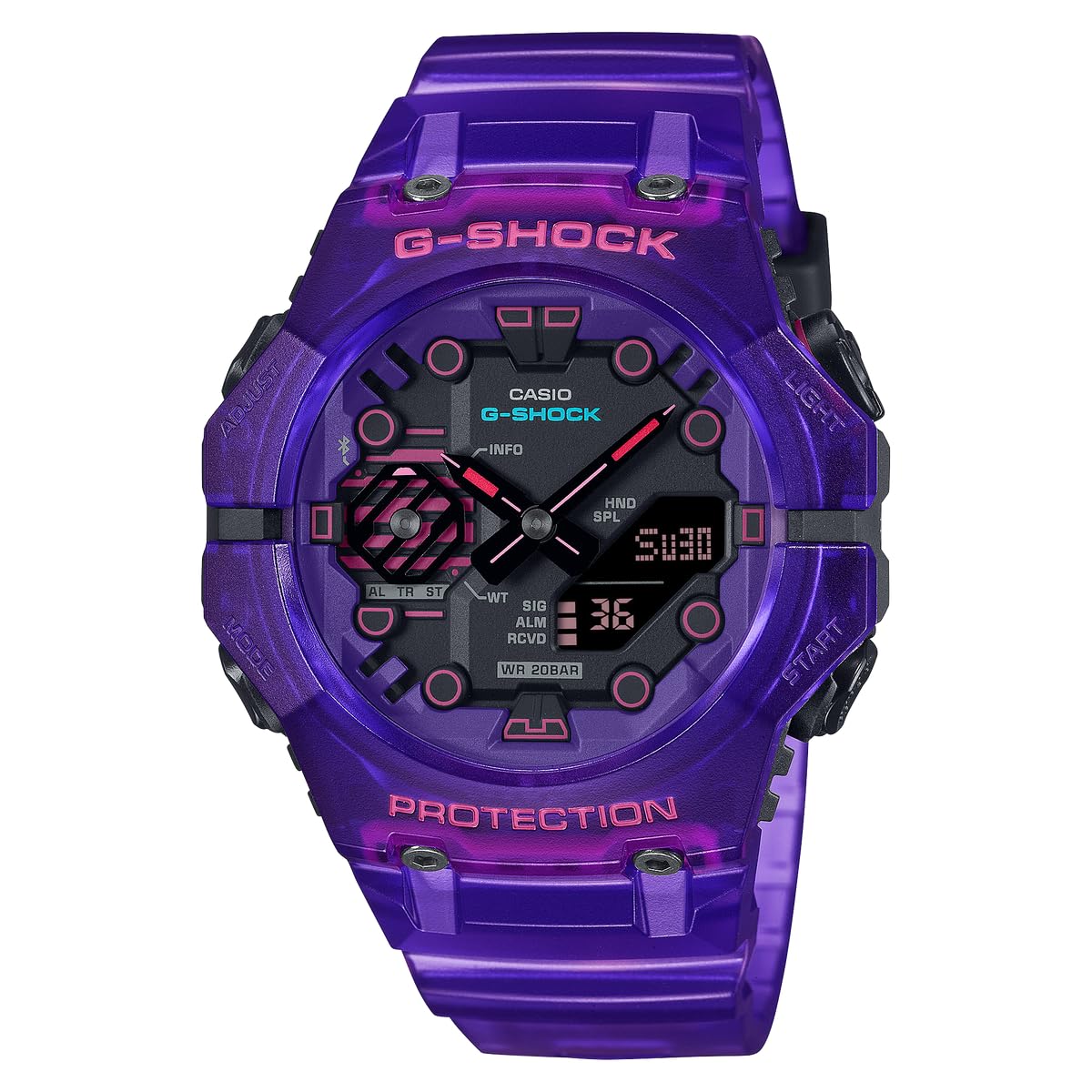 G-Shock Casio GAB001CBRS-6A Men's | Transparent Purple Resin Band | Bluetooth Smart Phone Link | Analog Digital | Alarm Chronograph | 200M WR Resistant Watch