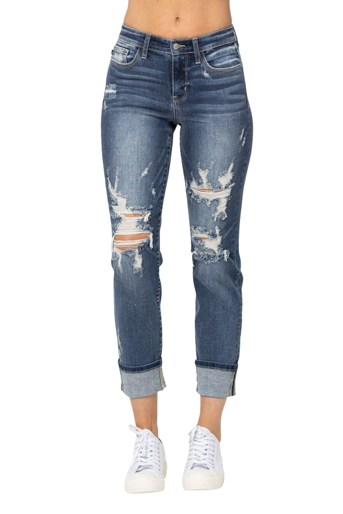 Judy Blue Women's Mid-Rise Cuffed Destroy Boyfriend Jeans (Medium Blue, 11)