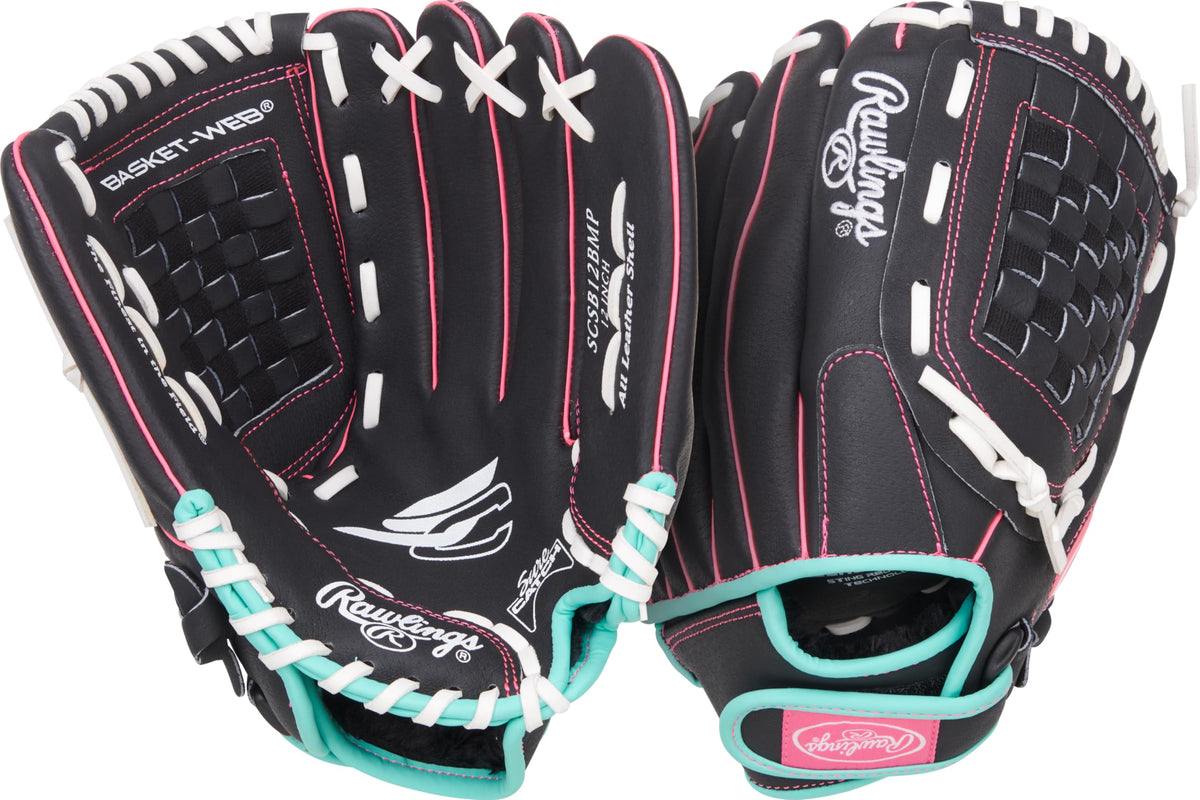 Rawlings | Sure Catch Youth Series Softball Glove | 12" | Left Hand Throw | Black/Mint/Pink
