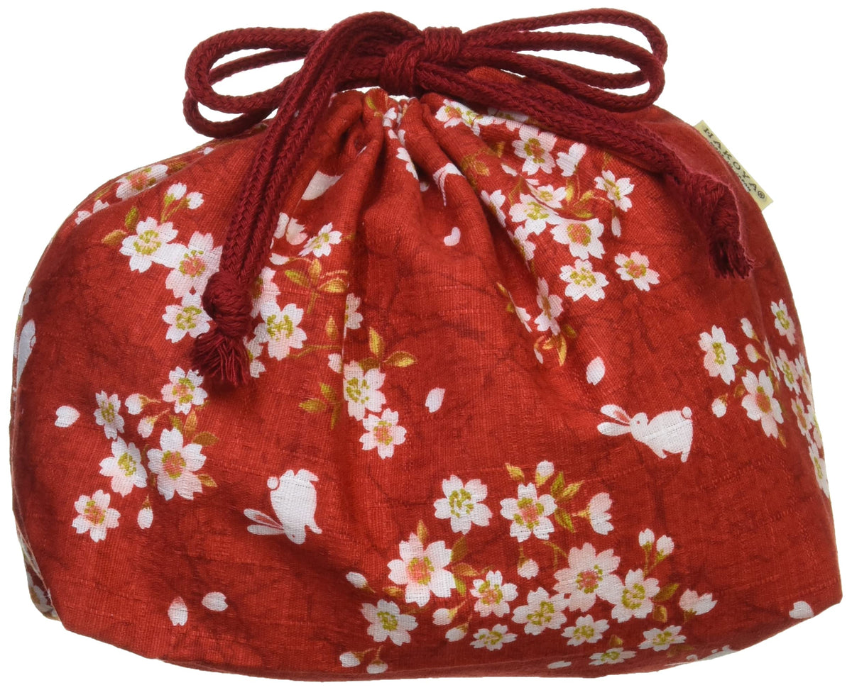 Red Sakura Rabbit Bento Drawstring Bag by Hakoya