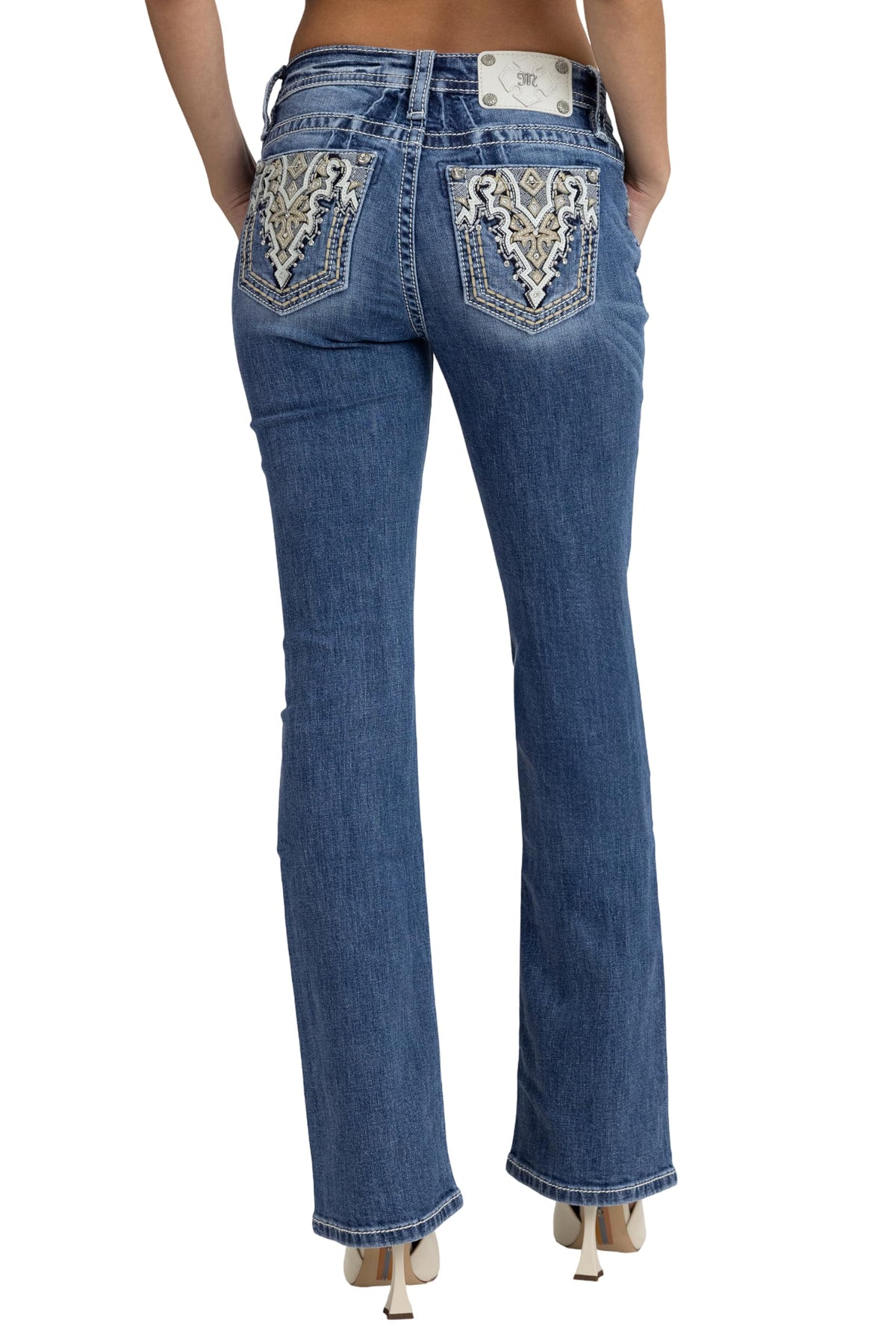 Miss Me Women's Baroque Diamond Embellished Pockets Mid-Rise Bootcut Jeans (Medium Blue, 29W x 32L)