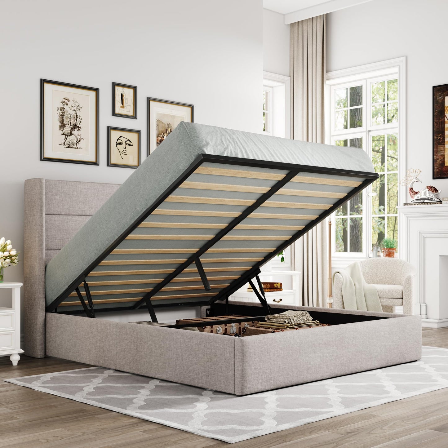 Allewie Full Size Lift Up Hydraulic Storage Bed Frame Light Beige