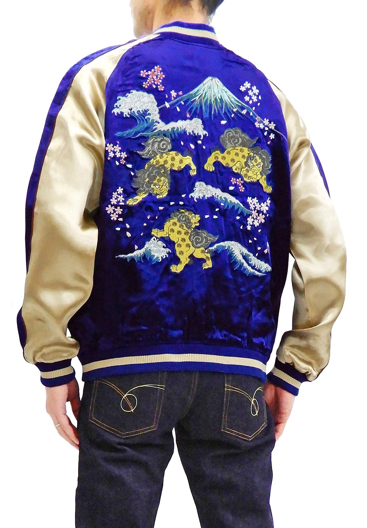 Japanesque Men's Japanese Souvenir Jacket Komainu Embroidered Sukajan 3RSJ-046 Navy/Beige Tagged Size Japan XL (US M-L)