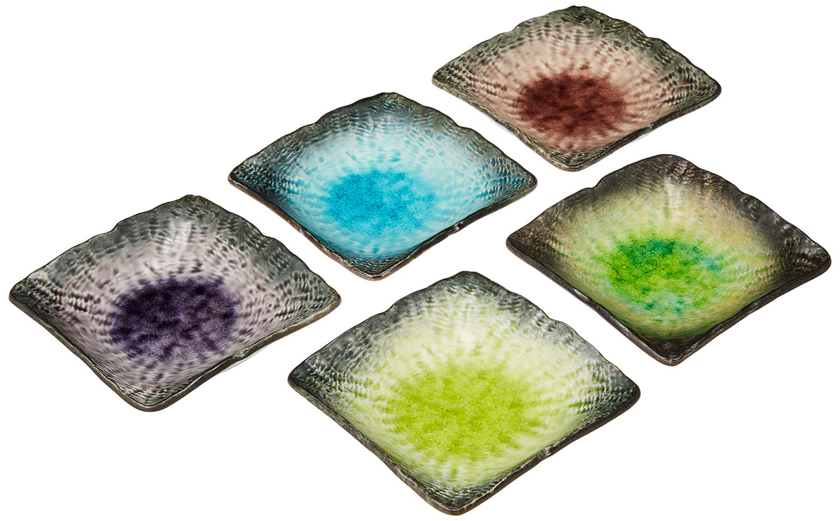 Utsuwa Roan 520-1001 Mino Pottery Yamasaku Kiln Colorful 520-1001 Dinnerware Set, Plate, Small Plate, Bean Plate, Diameter Approx. 4.3 inches (11 cm), Set of 5, Square Shape, Mesh, 5 Colors, Brown,