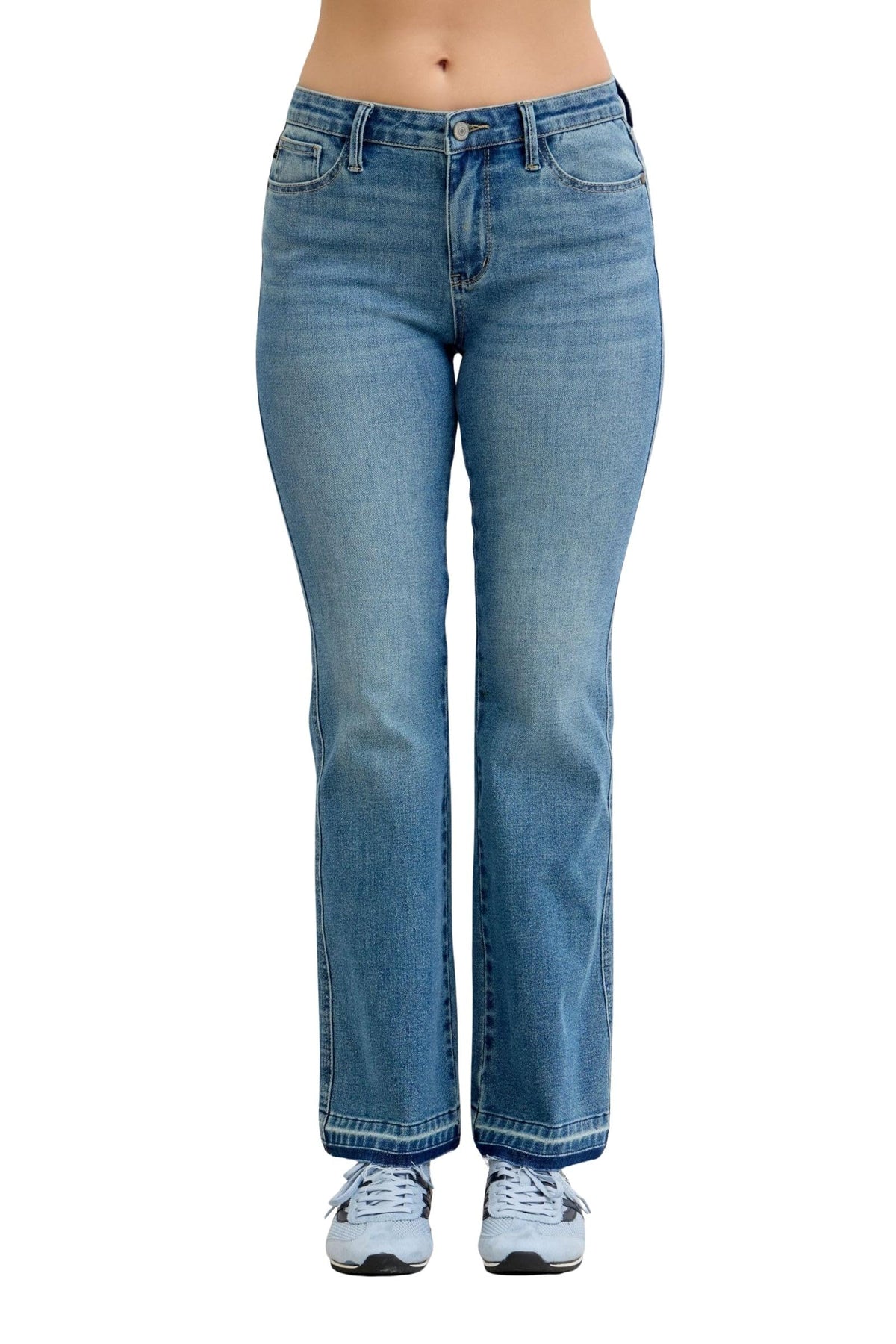 Judy Blue Women's Mid Rise Slim Bootcut Tummy Control Released Hem Bootcut Jeans (Medium Blue, 18W)