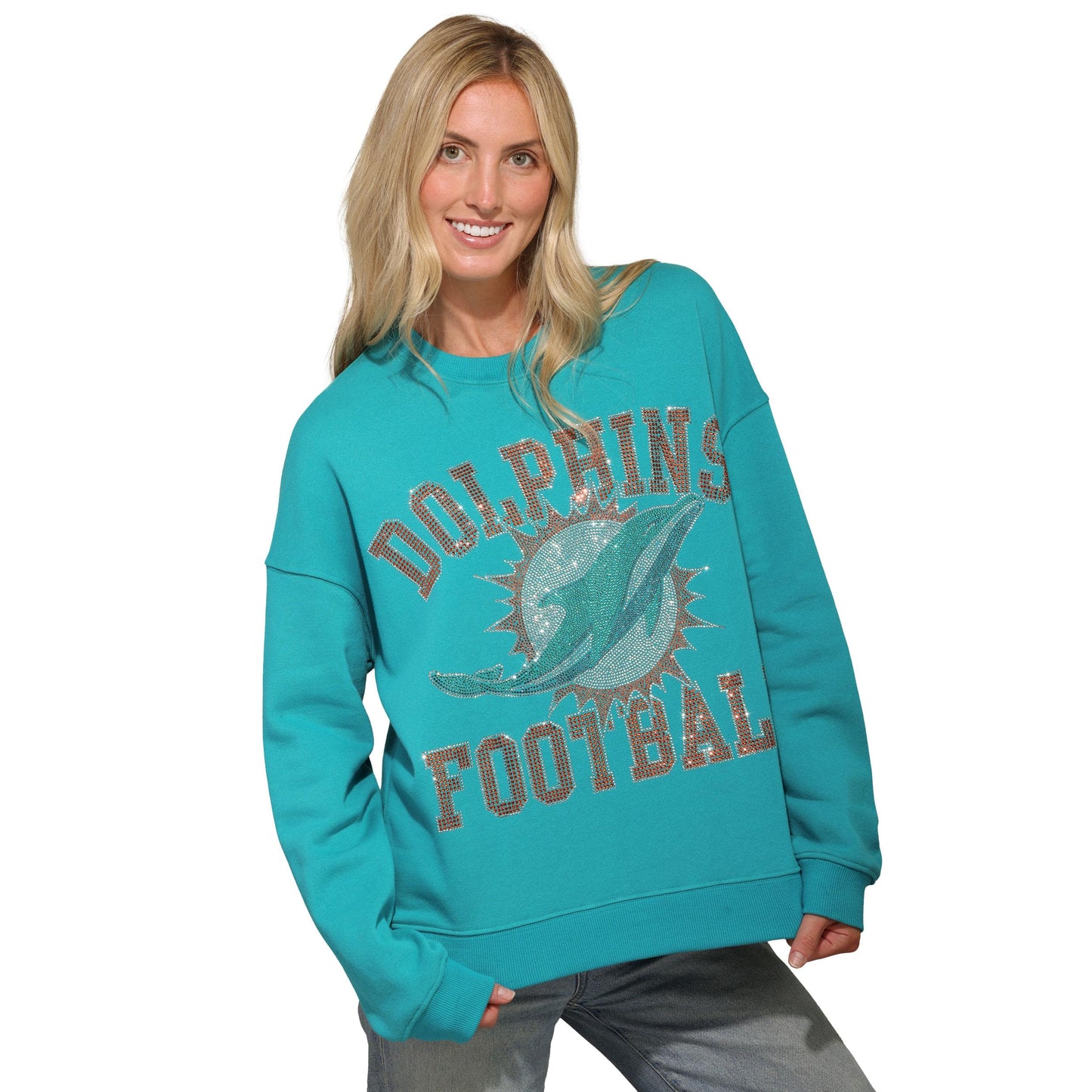 FOCO Miami Dolphins NFL Womens Rhinestone Logo Oversized Crew Neck Sweatshirt - S