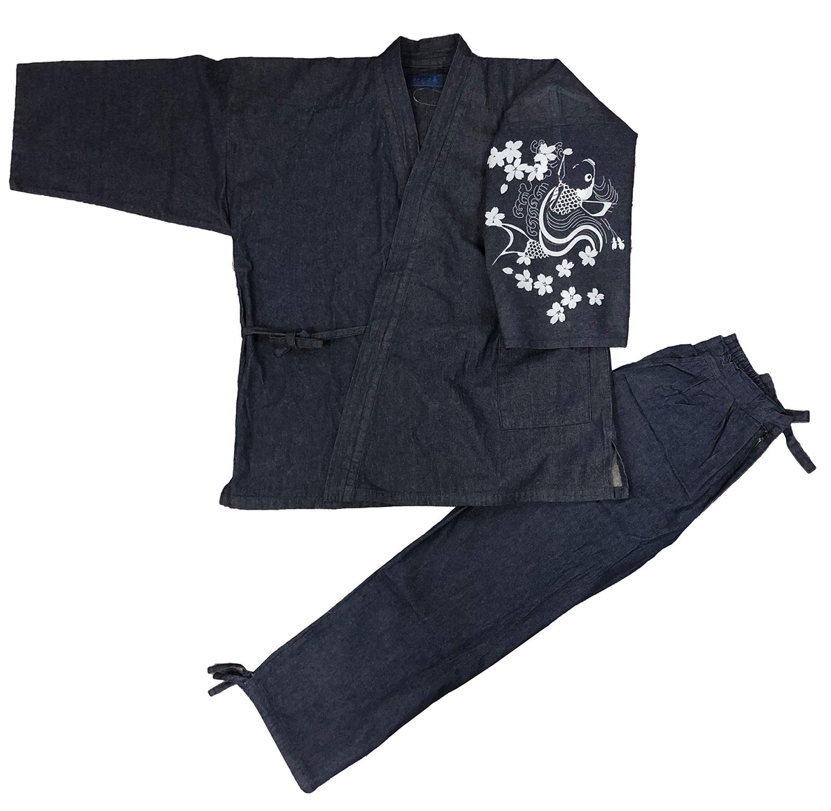Edoten Men's Japan Denim Samue Pattern printed M.Navy Carp and Sakura with Left Sleeve 115.
