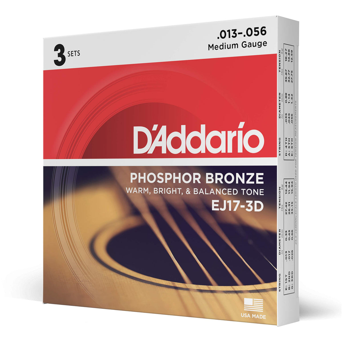D'Addario Acoustic Guitar Strings, Phosphor Bronze, EJ17-3D, Medium Gauge 13-56, 6-String Set, Pack of 3