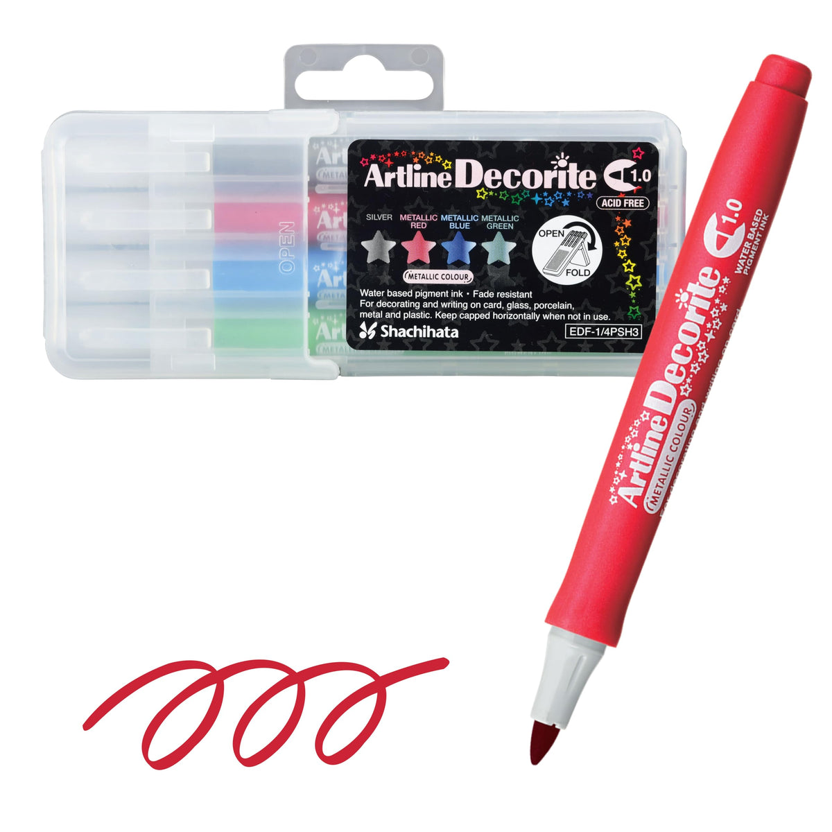 Artline Shachihata Decorite Markers, Acid-Free, Fade Resistant, Ideal for Overpainting and Layering, EDF-1, 1.0mm Bullet Tip, Silver, Metalic Red, Blue, and Green Set - 4 Pack