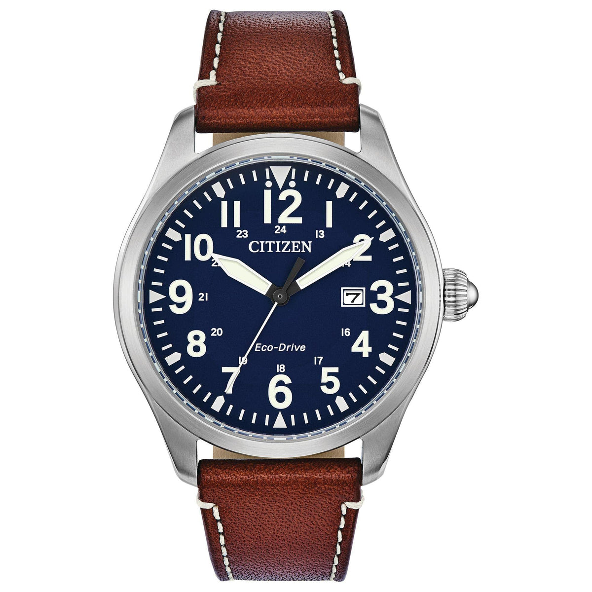 Citizen Men's Eco-Drive Weekender Garrison Field Watch in Stainless Steel with Brown Leather Strap, Blue Dial (Model: BM6838-17L)