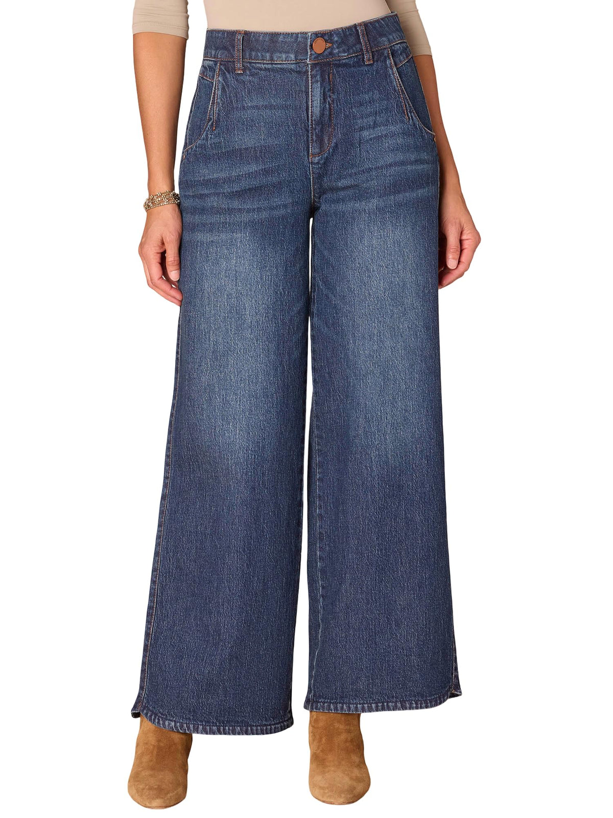 Democracy Women's Ab Solution Skyrise Tulip Hem Wide Leg Jeans (Blue Denim, 10)