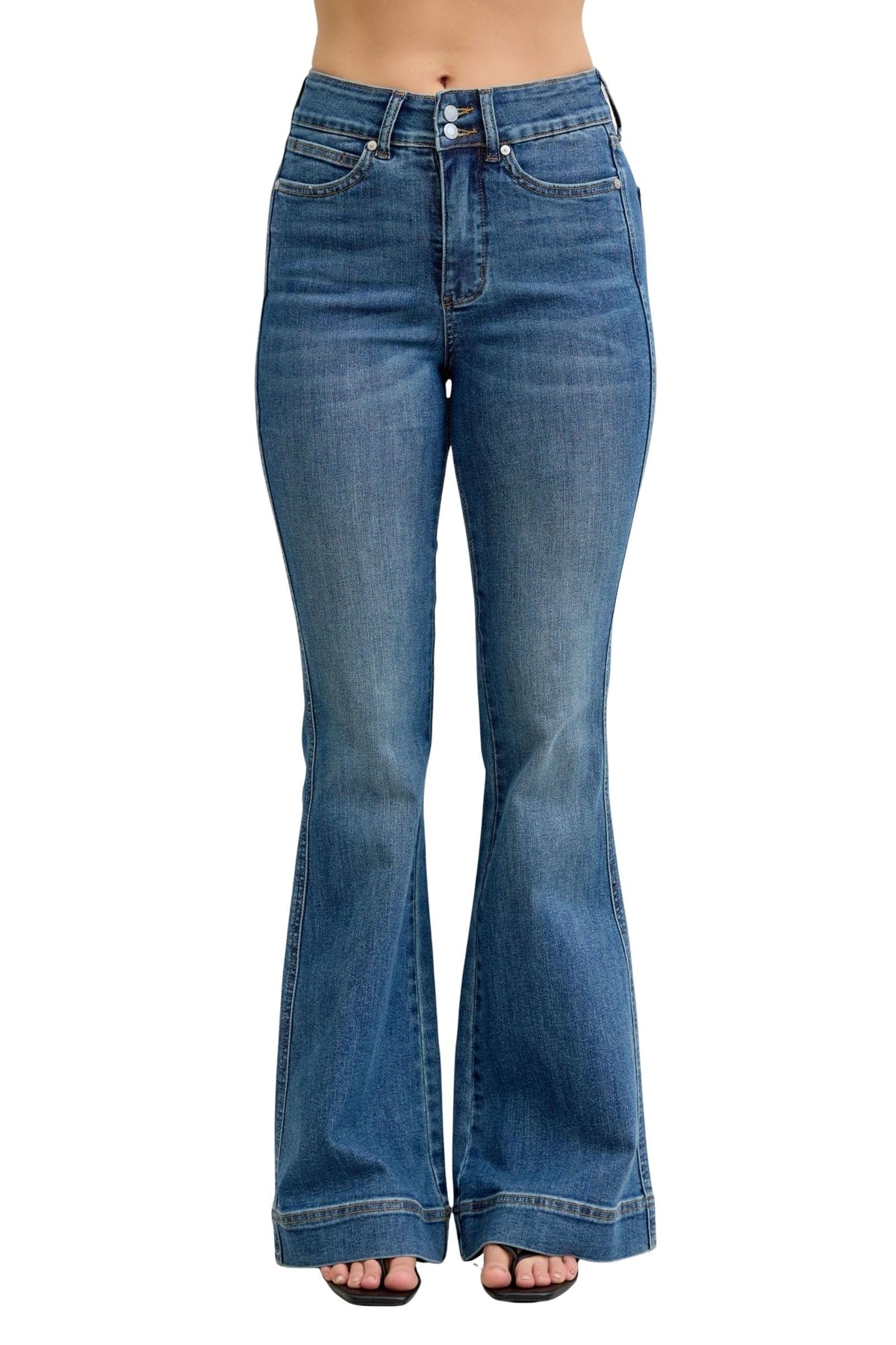 Judy Blue Women's High Rise Tummy Control Double Button Waistband Flare Jeans (Medium Blue, 9 Petite)