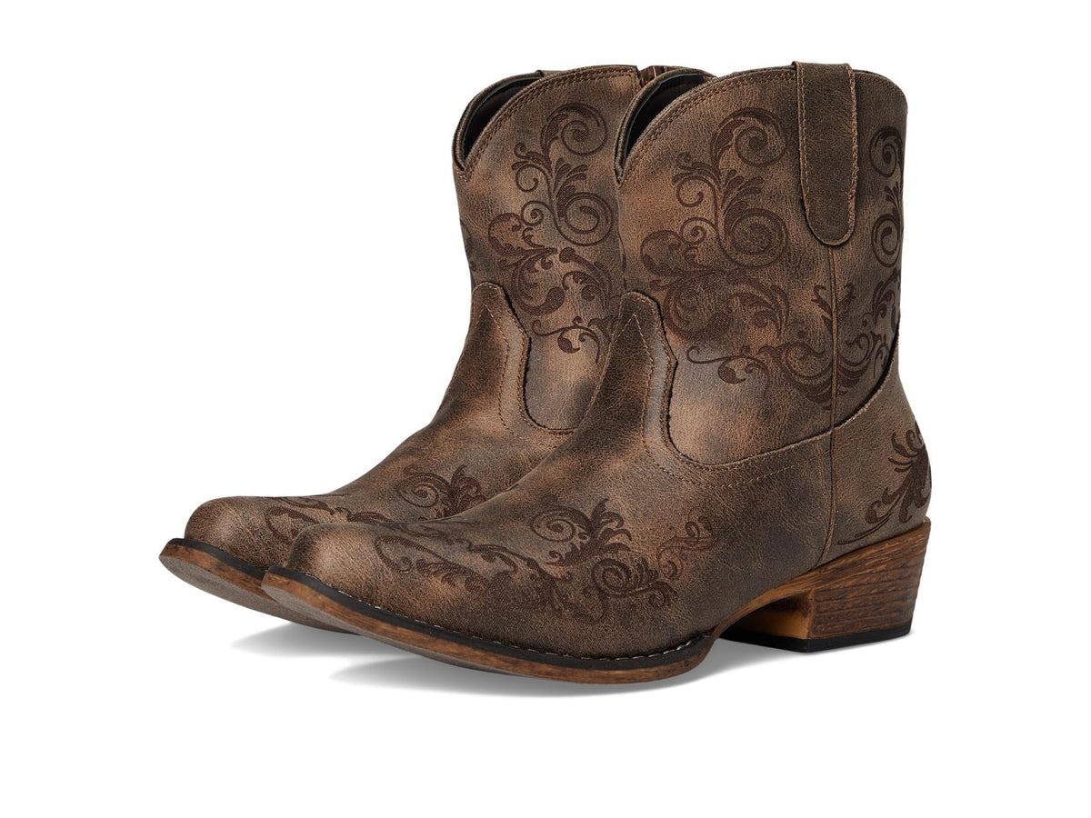 ROPER Womens Short Stuff Embroidery Snip Toe Casual Boots Ankle Low Heel 1-2" - Brown - Size 11 B