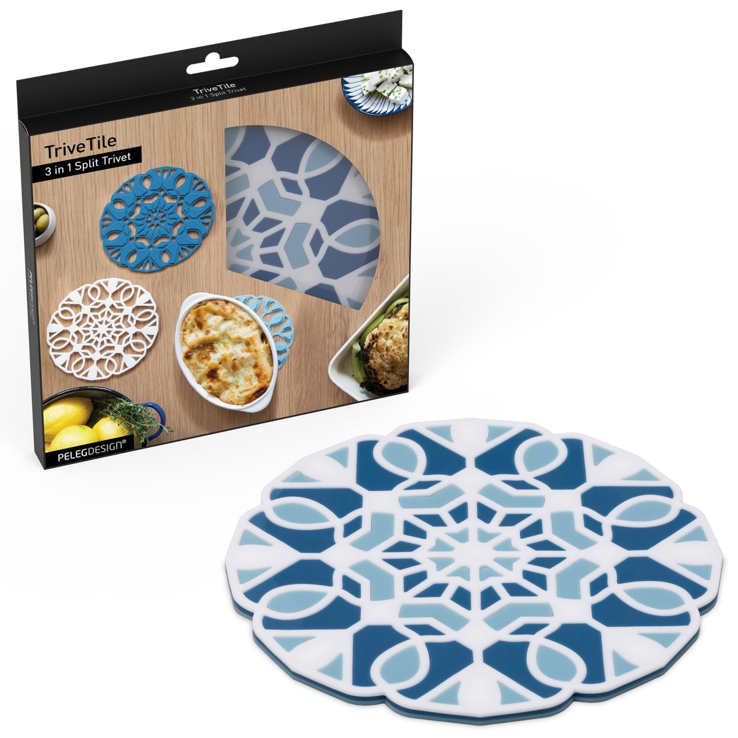Peleg Design TriveTile Trivet Set – for Hot Pots and Pans - Fun and Decorative – Non-Slip Heat-Resistant Kitchen Trivets - Split into 3 Trivets, Holds 3 Dishes Simultaneously - 7x7 inches (Navy)