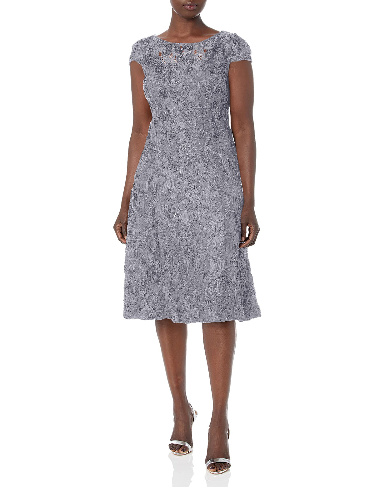 Alex Evenings Women's Tea Length Cap Sleeve Rosette Dress (Petite and Regular), Dove, 6