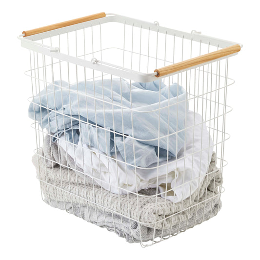 Yamazaki Home Tosca Laundry Basket - Laundry Basket With Wooden Handles - Large, 15" - Steel + Wood - 8.7 Gallons, 33 Liters