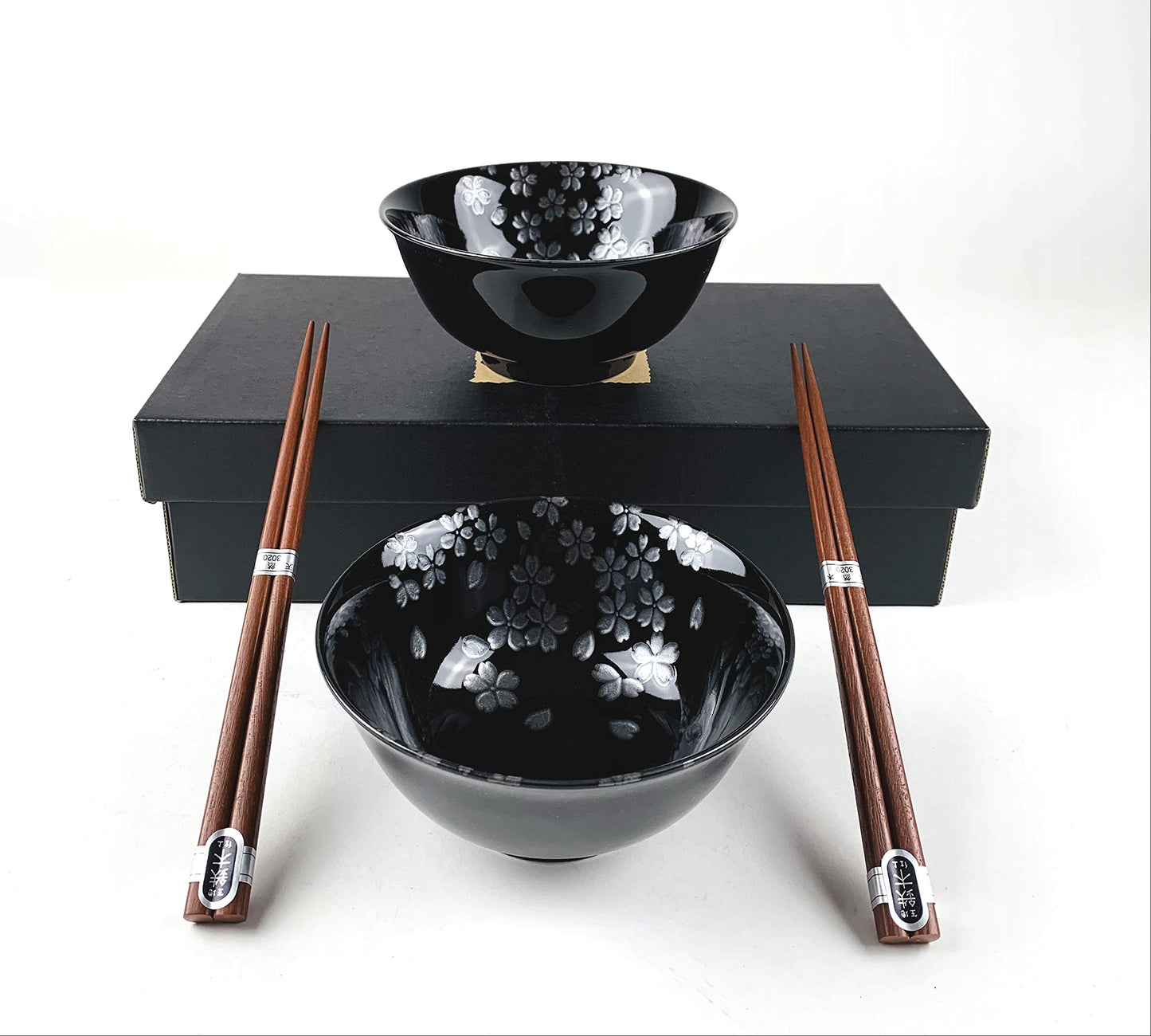 JapanBargain 4689, Set of 2 Japanese Porcelain Bowls and Chopsticks Set, Rice Bowls and Soup Bowls, Gift Boxed, Made in Japan, Black Sakura