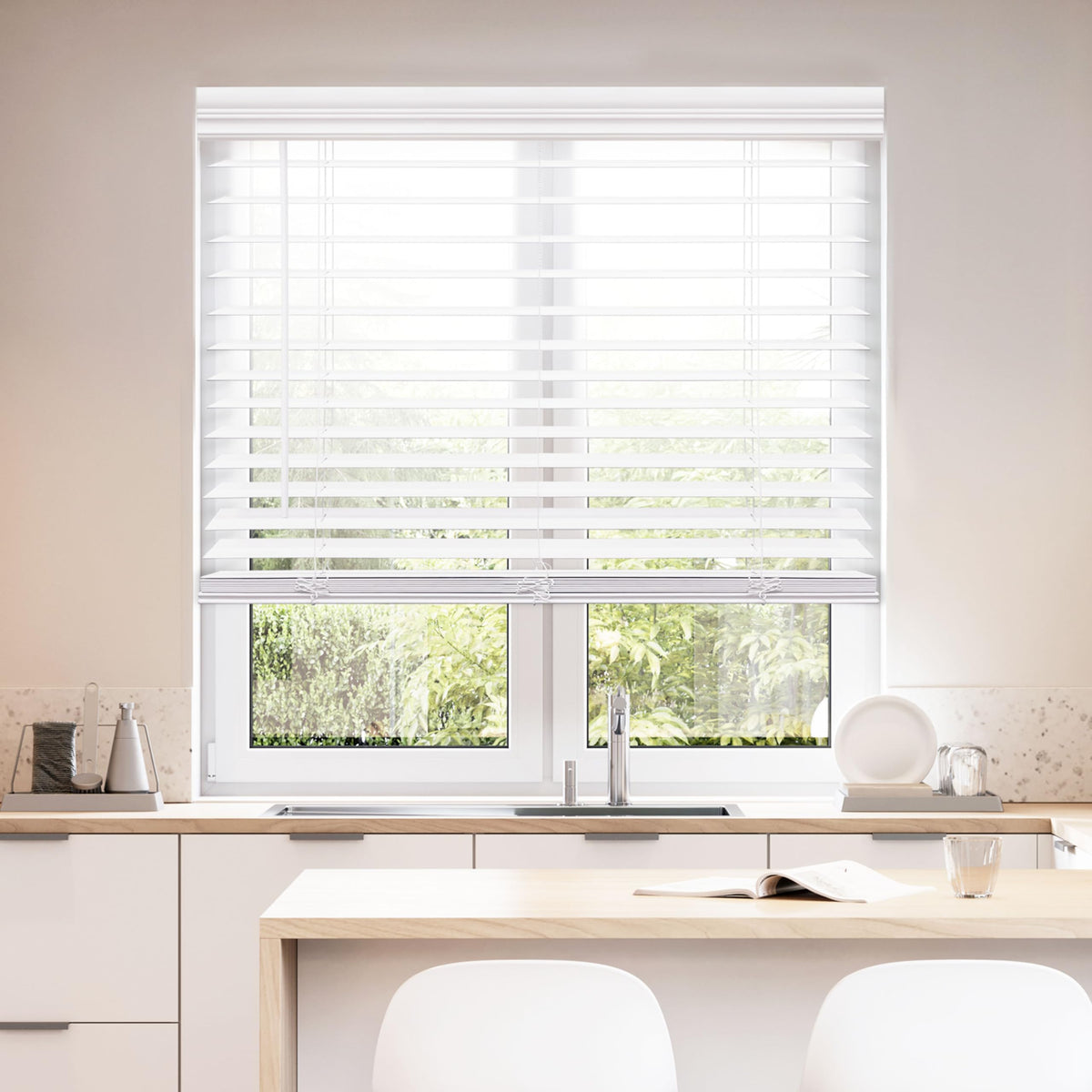 DEZ FURNISHINGS Cordless 2" Faux Wood Blind, 29.75" W x 48" H, White