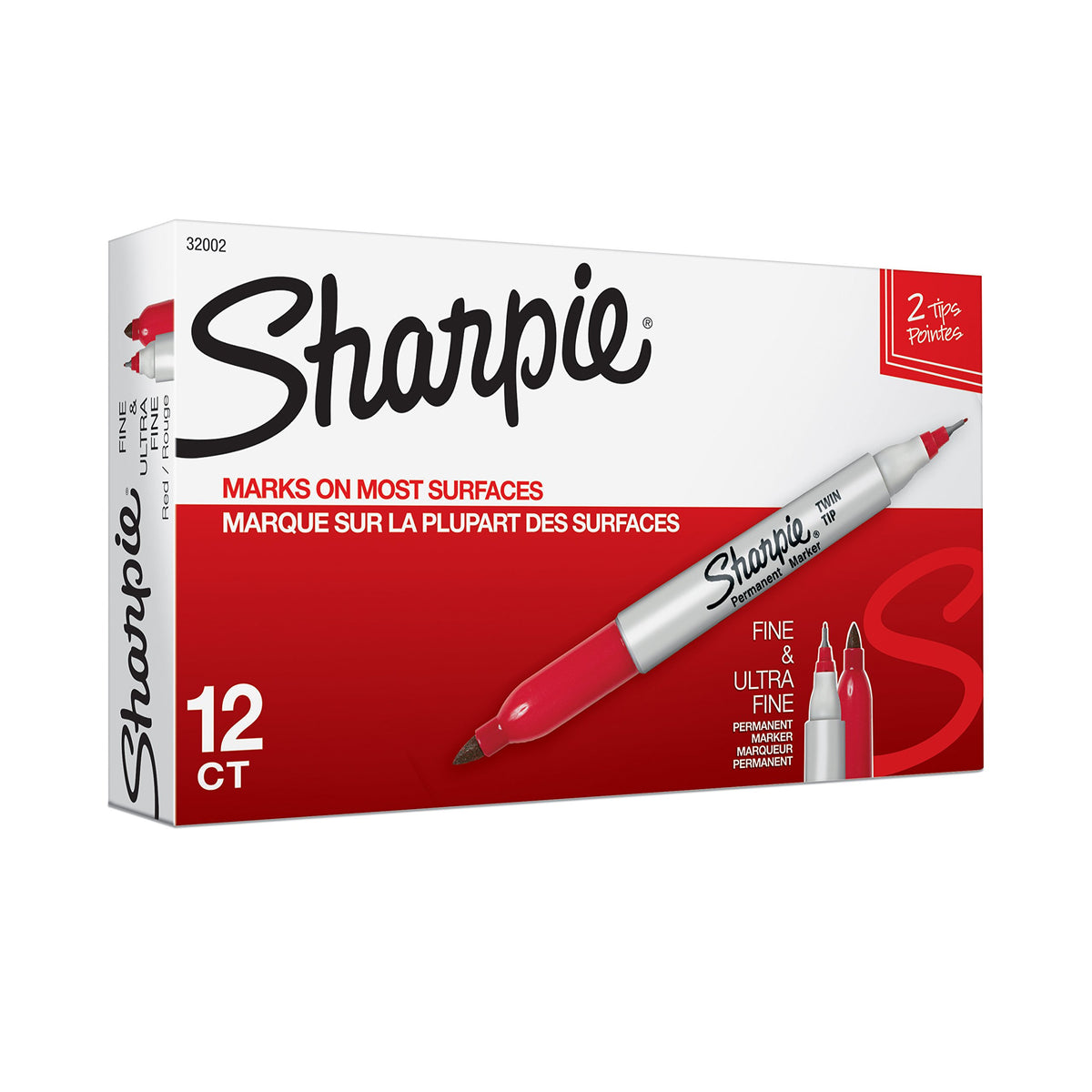 Sharpie Twin Tip Permanent Markers, Fine and Ultra Fine, Red, 12 Count