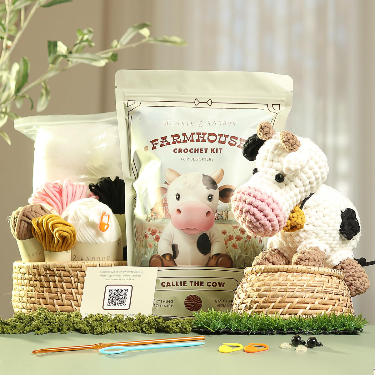 Amigurumi Crochet Kit for Beginners Adults and Kids, Learn to Crochet Kits for Adults Beginner with Easy Yarn, Stuffed Crochet Animal Kit with Step-by-Step Video Tutorials - Callie the Cow